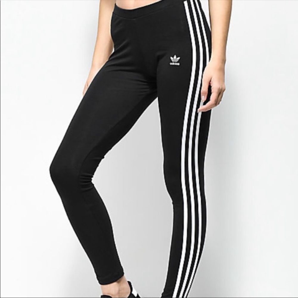 Adidas Leggings Womens Medium *Flaw Black Trefoil White Stripes Stretch Pants